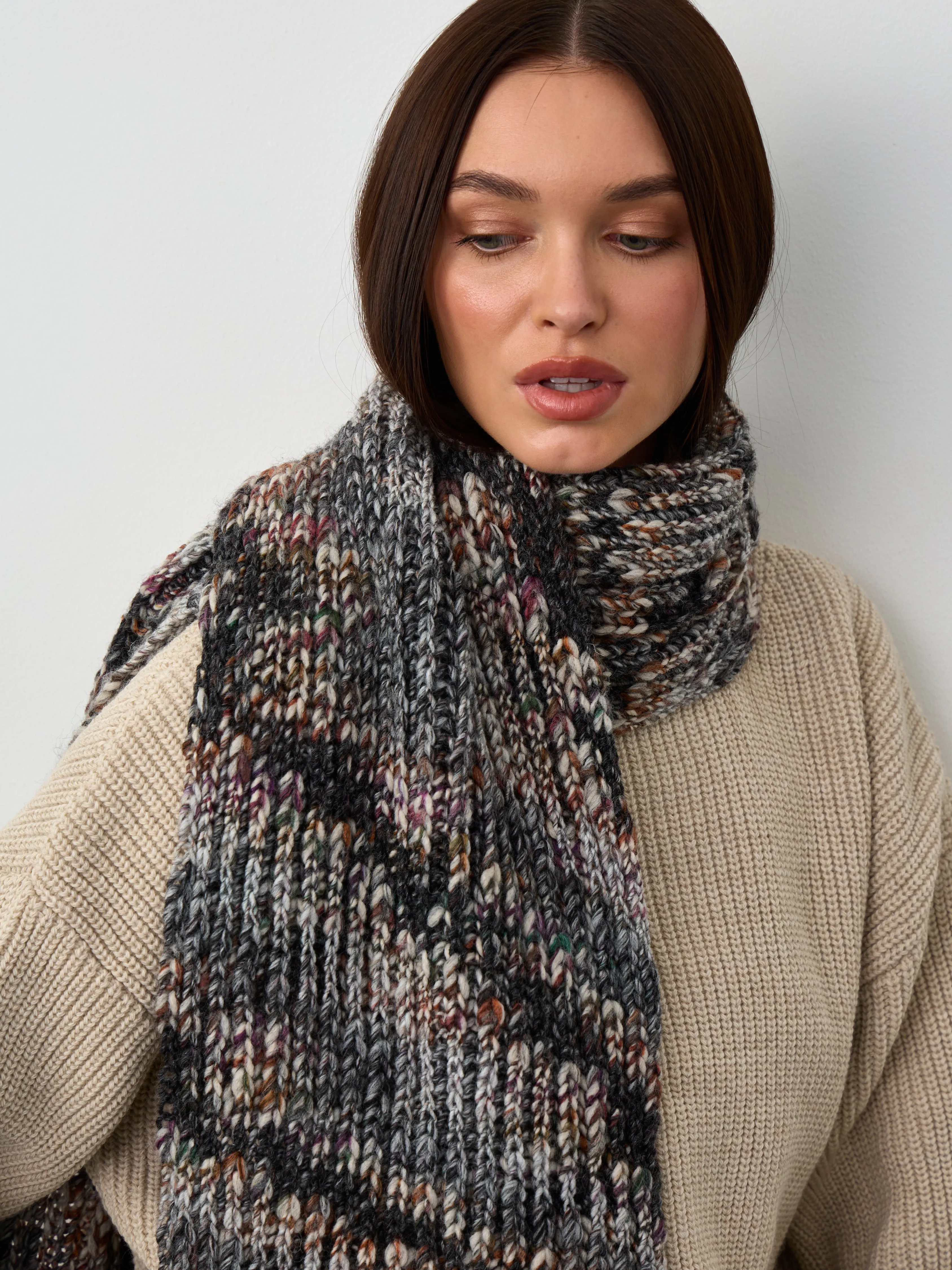 Oversized Alpaca Wool Scarf - Grey & White & Brown