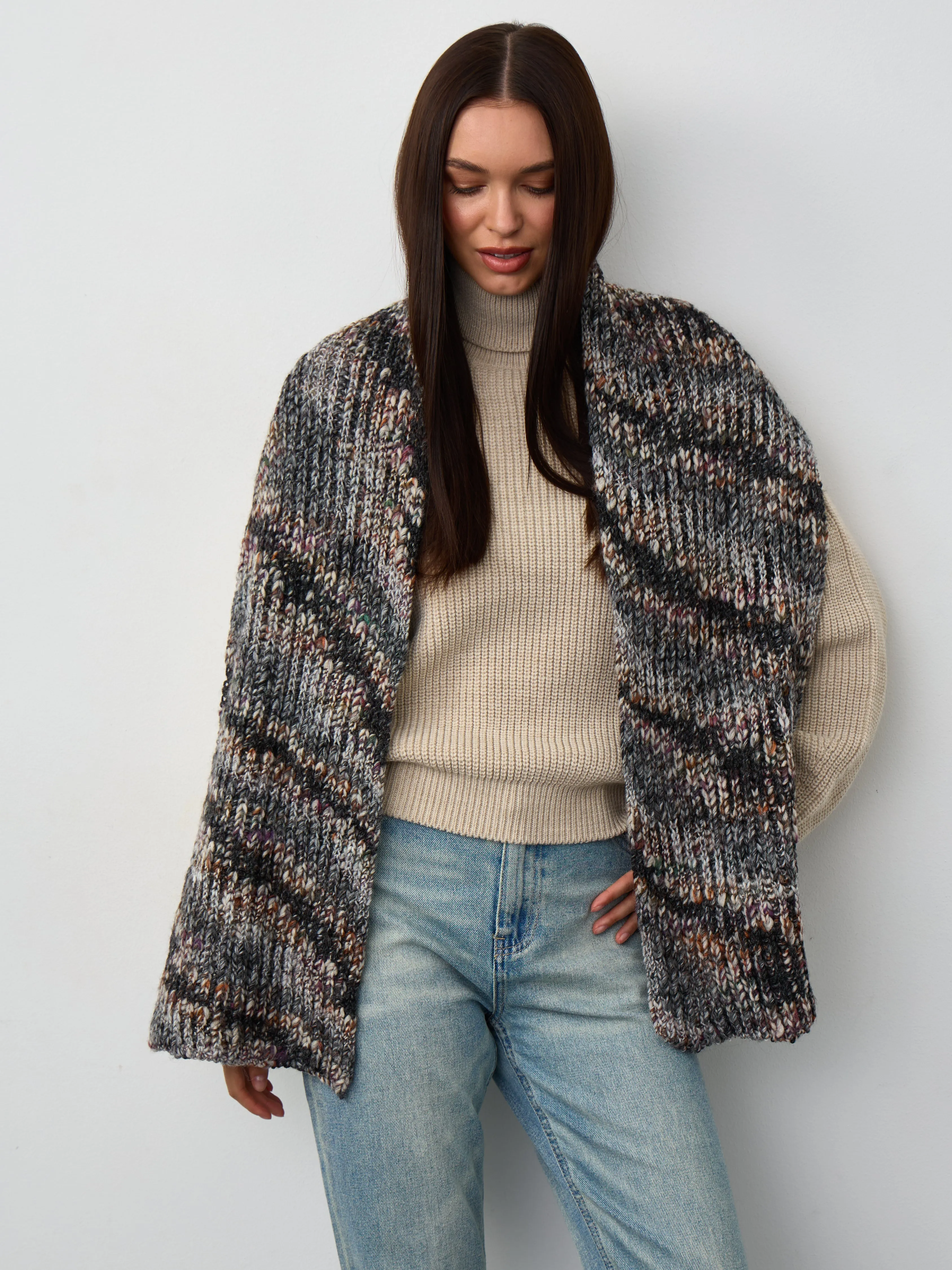 Oversized Alpaca Wool Scarf - Grey & White & Brown