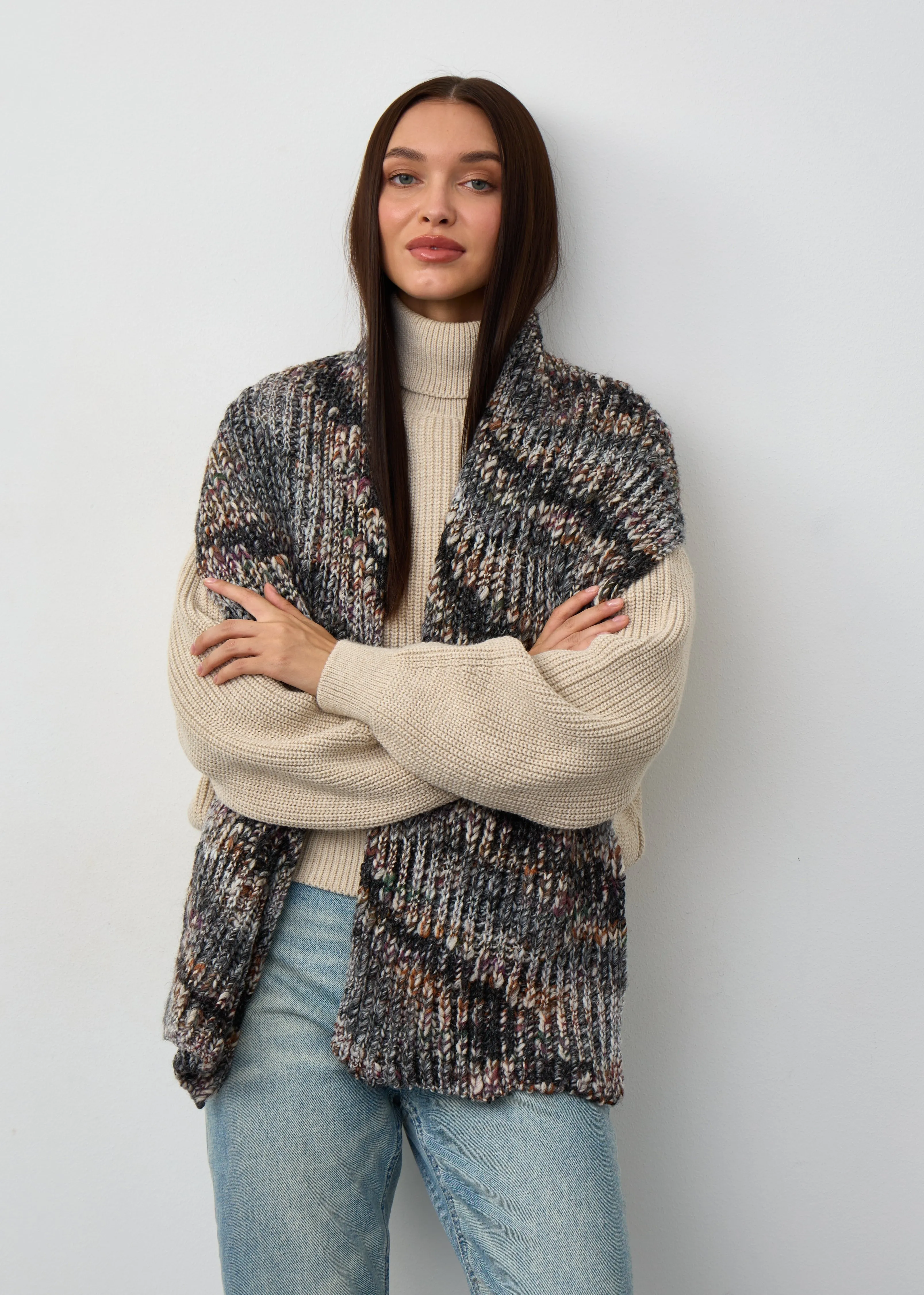 Oversized Alpaca Wool Scarf - Grey & White & Brown