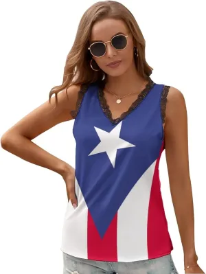 Puerto Rico Flag Printed V-Neck Camisole for Womens Summer Top 2XL