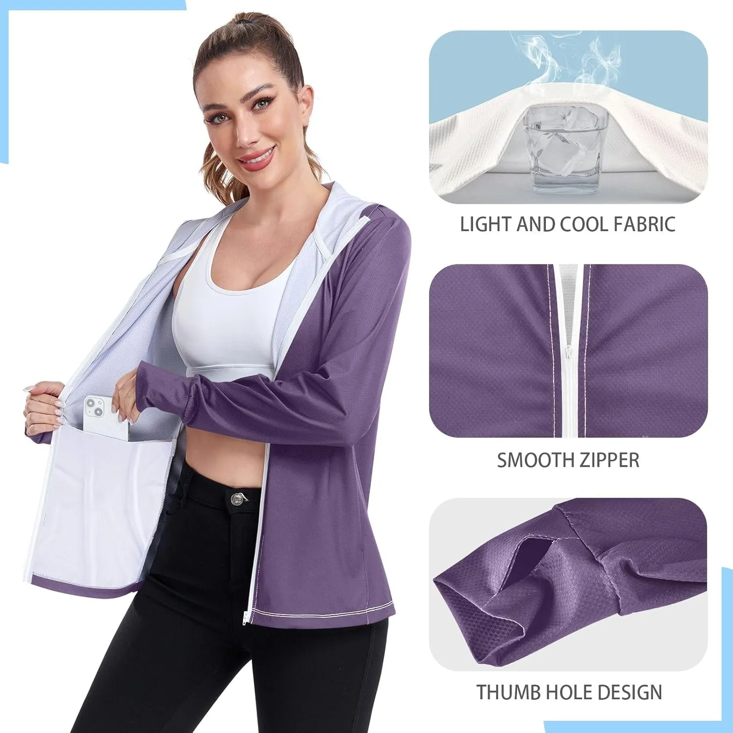 Purple Womens UPF Hoodie UPF 50  Sun Protection Jacket Hooded Women's Hoodie Rash Guard