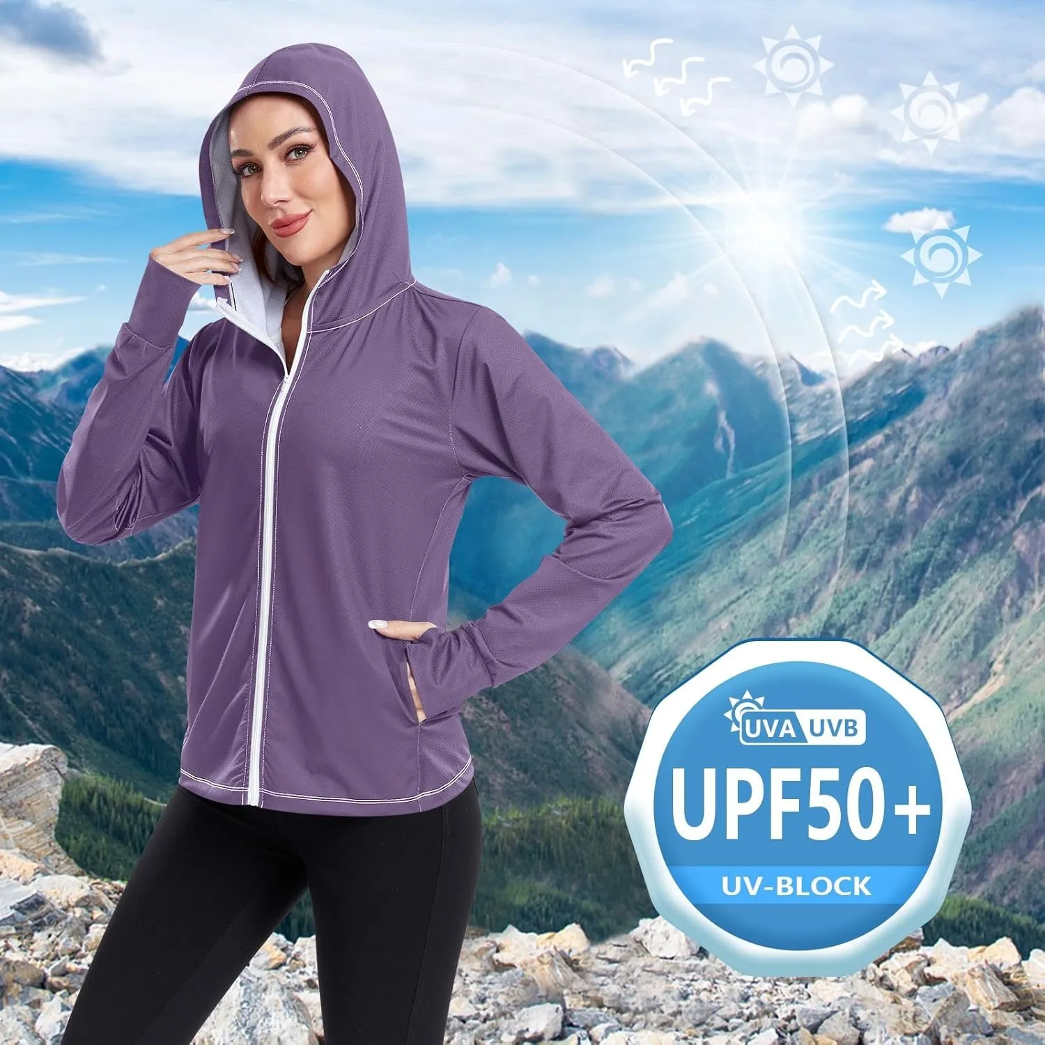 Purple Womens UPF Hoodie UPF 50  Sun Protection Jacket Hooded Women's Hoodie Rash Guard