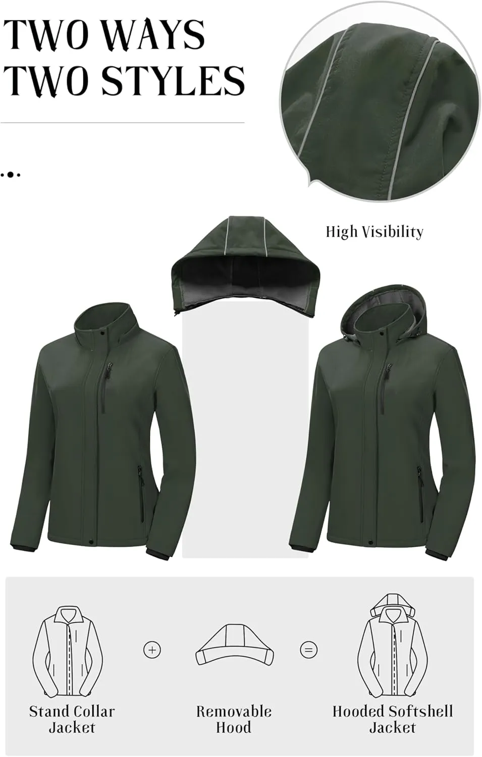 Pursky Women's Softshell Jacket Lightweight Fleece Lined Rain Jacket Waterproof Warm Windbreaker Coat With Removable Hood