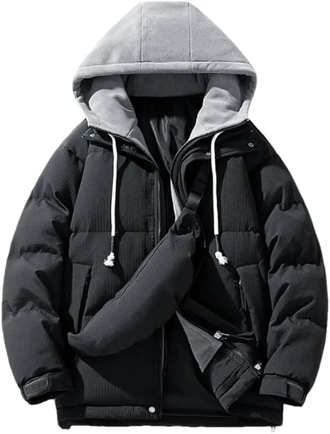 REHJJDFD Men Casual Thicken Warm Cotton Padded Jacket With Bag Hooded Outdoor Coat Parkas Fleece Jacket