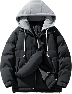 REHJJDFD Men Casual Thicken Warm Cotton Padded Jacket With Bag Hooded Outdoor Coat Parkas Fleece Jacket