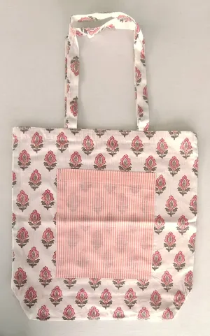 Reversible Coral Booti & stripe Tote Bag with Extra Front Pocket, Easy to Carry, Cotton Fabric.