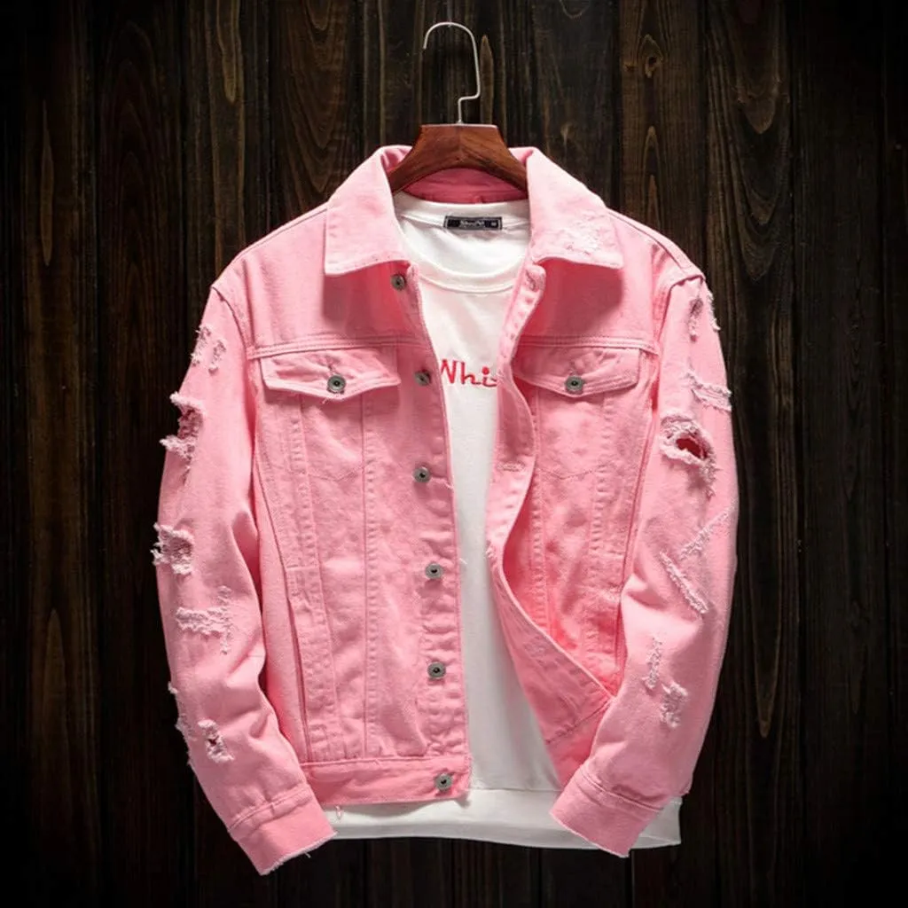 Ripped Denim Jacket for Men Baggy Style Winter Long Sleeve Top Stylish WindbreakerFall