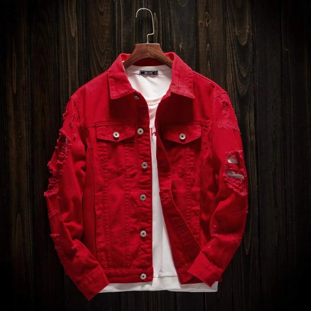 Ripped Denim Jacket for Men Hippie Style Winter Cardigan Top Fall Stylish Streetwear