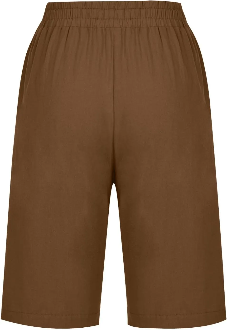 RKSTN Women Half Linen Pants with Pockets Elastic Waist Shorts Summer Beach Capris Solid Straight Wide Leg Knee Length Pant