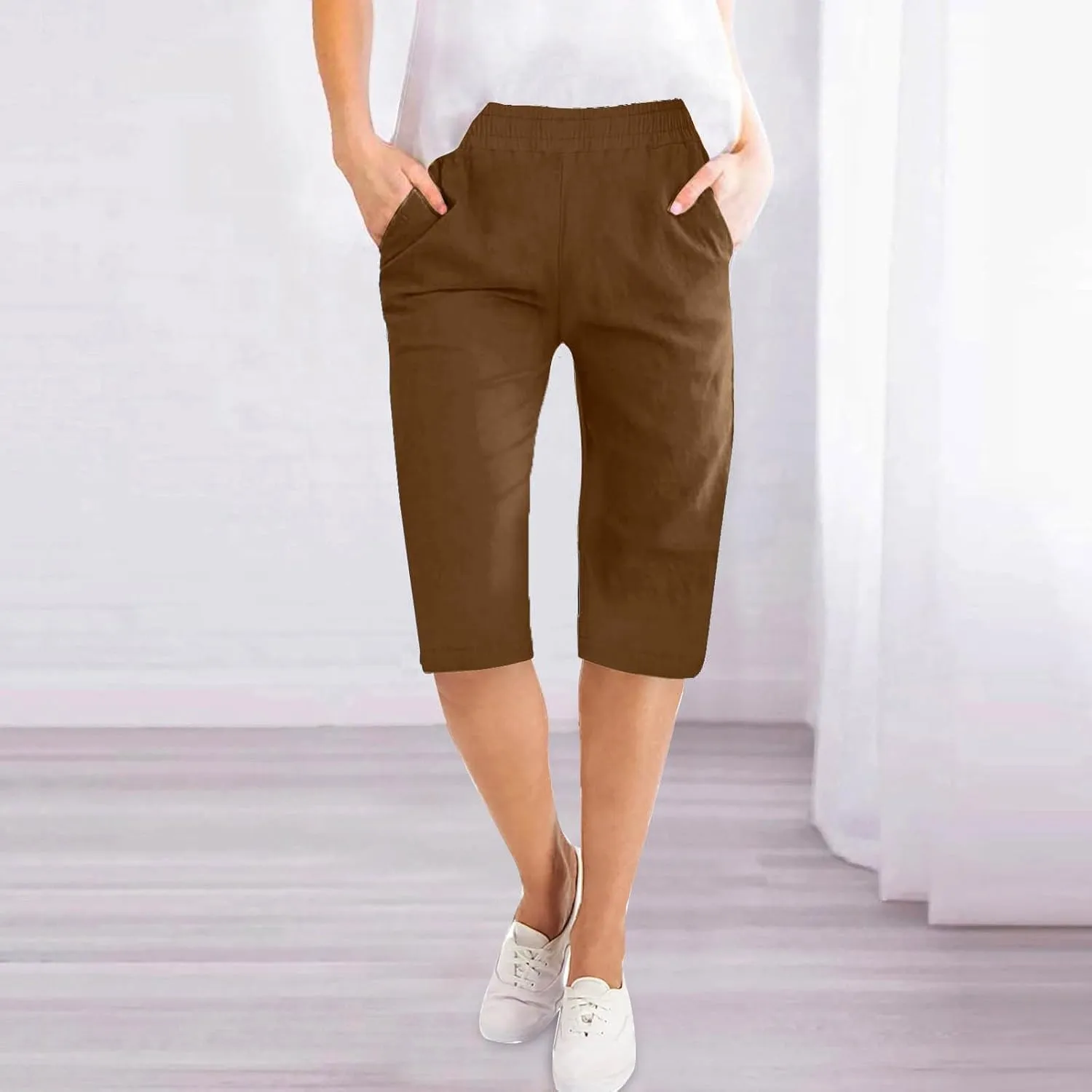 RKSTN Women Half Linen Pants with Pockets Elastic Waist Shorts Summer Beach Capris Solid Straight Wide Leg Knee Length Pant