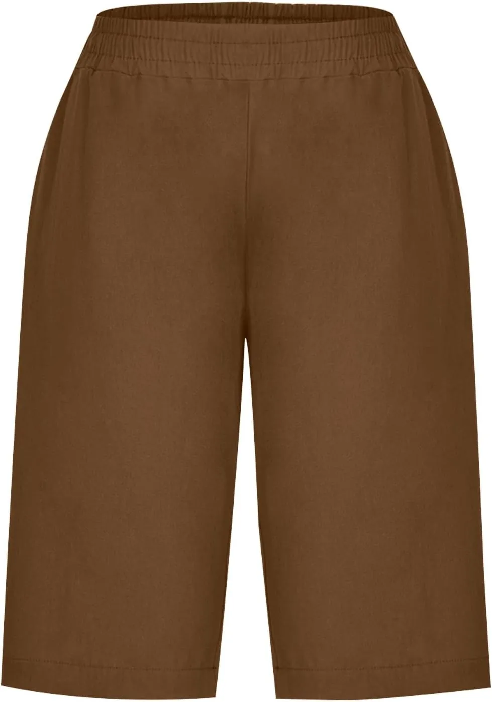 RKSTN Women Half Linen Pants with Pockets Elastic Waist Shorts Summer Beach Capris Solid Straight Wide Leg Knee Length Pant