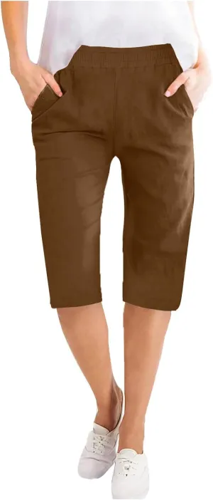 RKSTN Women Half Linen Pants with Pockets Elastic Waist Shorts Summer Beach Capris Solid Straight Wide Leg Knee Length Pant