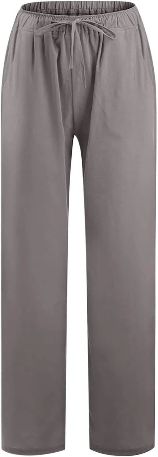 RKSTN Women's Cotton Linen Pants Summer Wide Leg Drawstring High Waist Palazzo Pant 2025 Casual Loose Trousers with Pockets