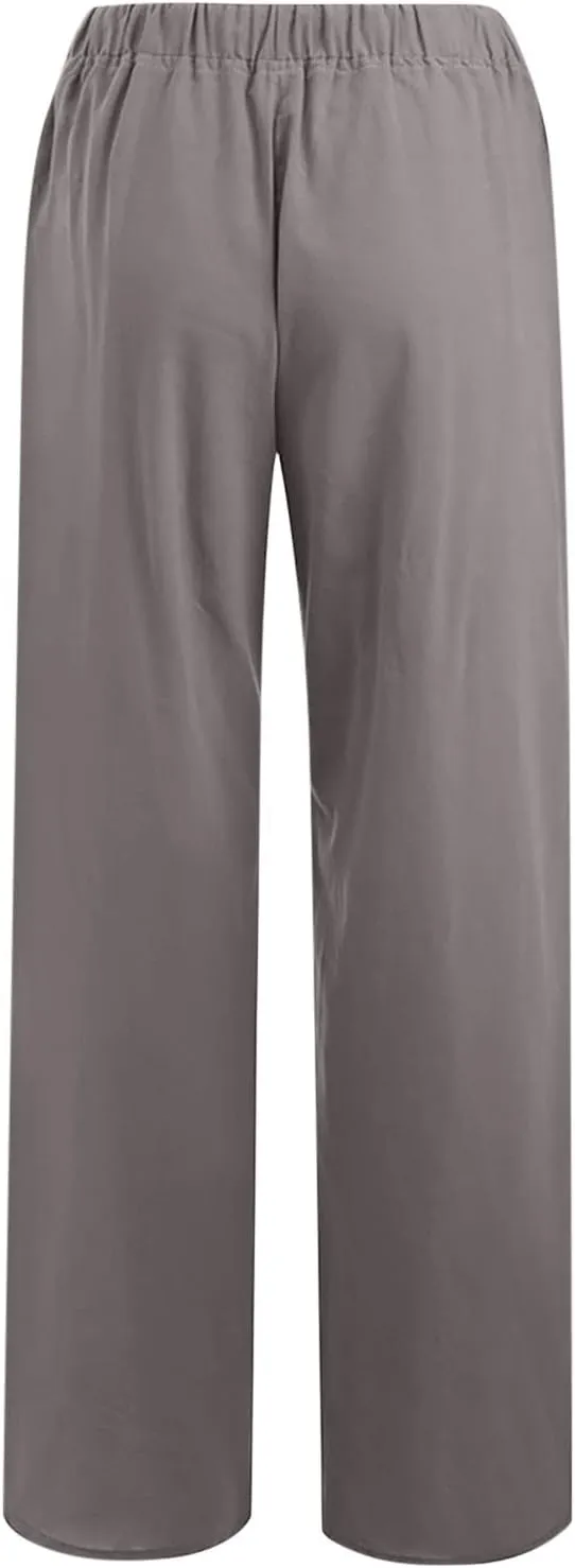 RKSTN Women's Cotton Linen Pants Summer Wide Leg Drawstring High Waist Palazzo Pant 2025 Casual Loose Trousers with Pockets