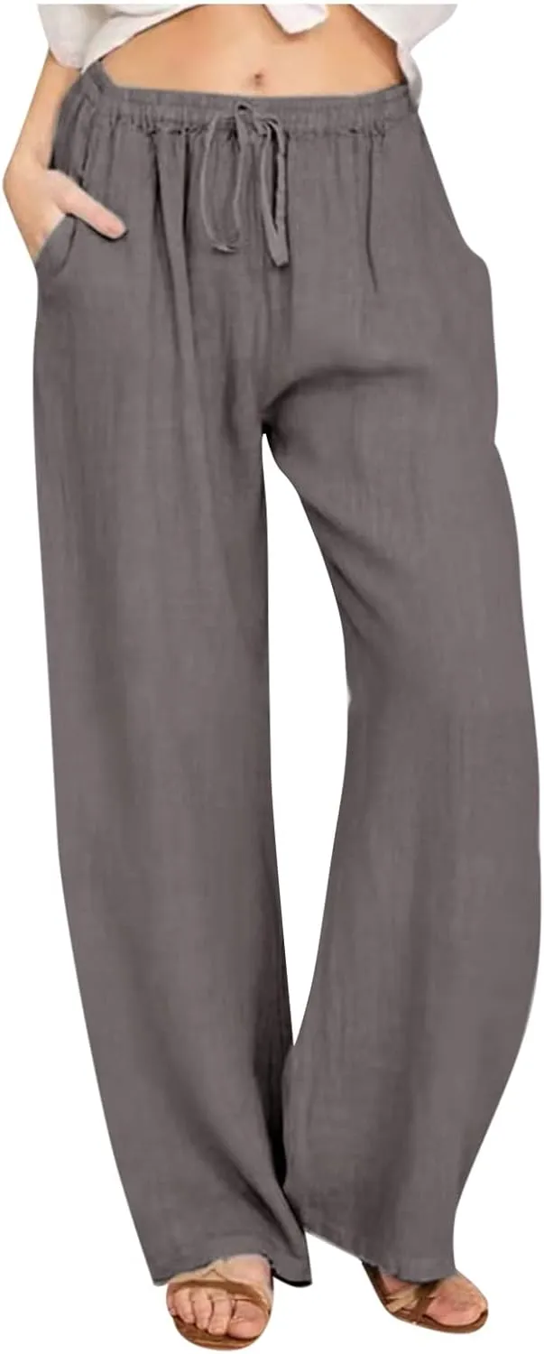 RKSTN Women's Cotton Linen Pants Summer Wide Leg Drawstring High Waist Palazzo Pant 2025 Casual Loose Trousers with Pockets