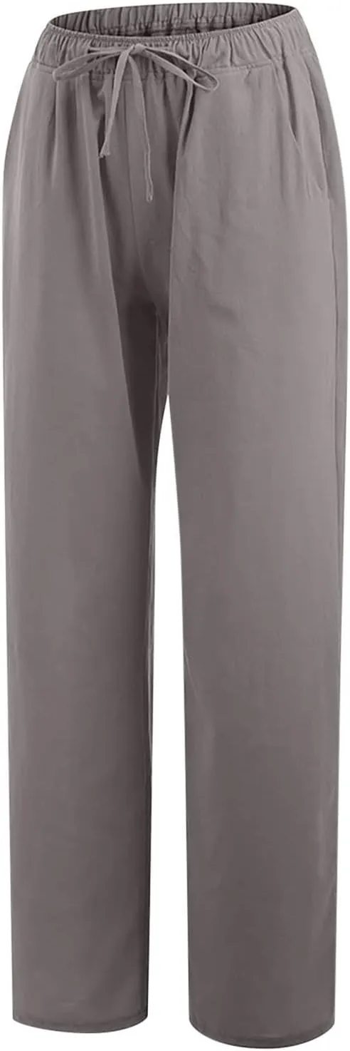 RKSTN Women's Cotton Linen Pants Summer Wide Leg Drawstring High Waist Palazzo Pant 2025 Casual Loose Trousers with Pockets