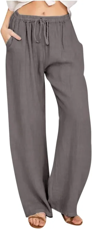 RKSTN Women's Cotton Linen Pants Summer Wide Leg Drawstring High Waist Palazzo Pant 2025 Casual Loose Trousers with Pockets