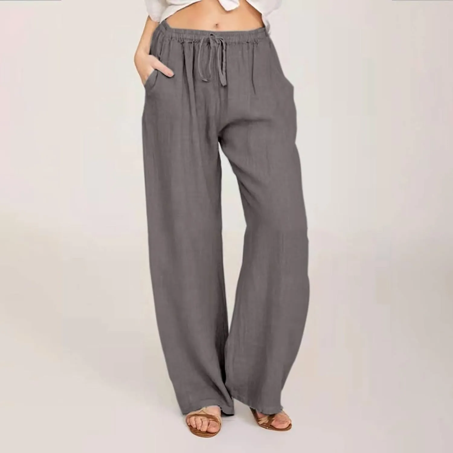 RKSTN Women's Cotton Linen Pants Summer Wide Leg Drawstring High Waist Palazzo Pant 2025 Casual Loose Trousers with Pockets