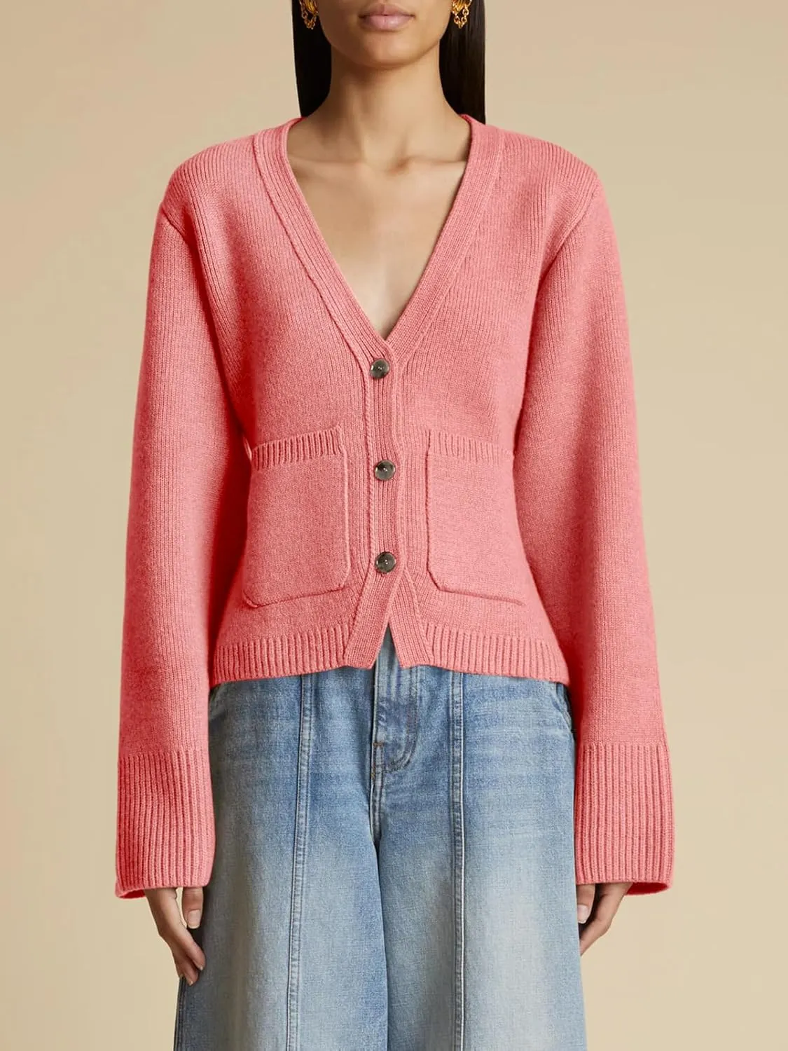 Saodimallsu Womens Deep V Neck Cardigan Sweaters Open Front Button Down Long Sleeve Cropped Knit Coats with Pockets