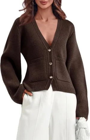 Saodimallsu Womens Deep V Neck Cardigan Sweaters Open Front Button Down Long Sleeve Cropped Knit Coats with Pockets