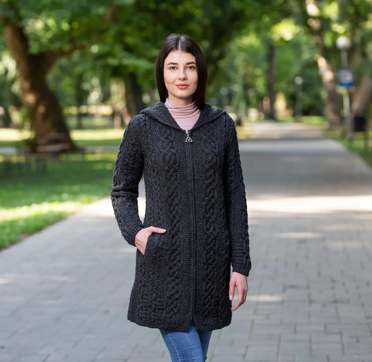 SAOL 100% Merino Wool Aran Irish Cardigan for Women with Pockets, Hood and Celtic Zipper