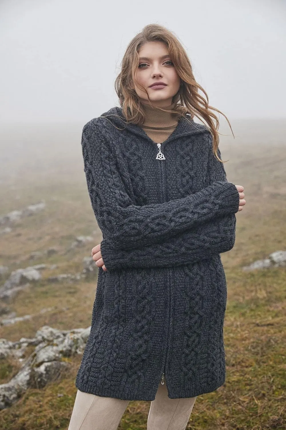 SAOL 100% Merino Wool Aran Irish Cardigan for Women with Pockets, Hood and Celtic Zipper