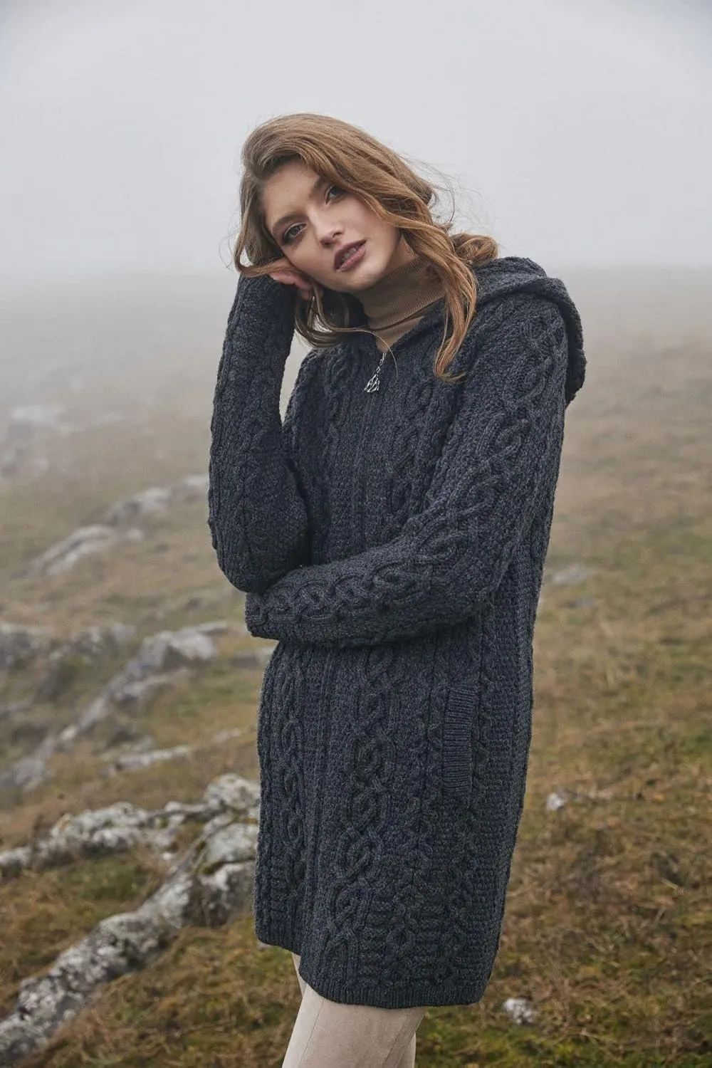 SAOL 100% Merino Wool Aran Irish Cardigan for Women with Pockets, Hood and Celtic Zipper
