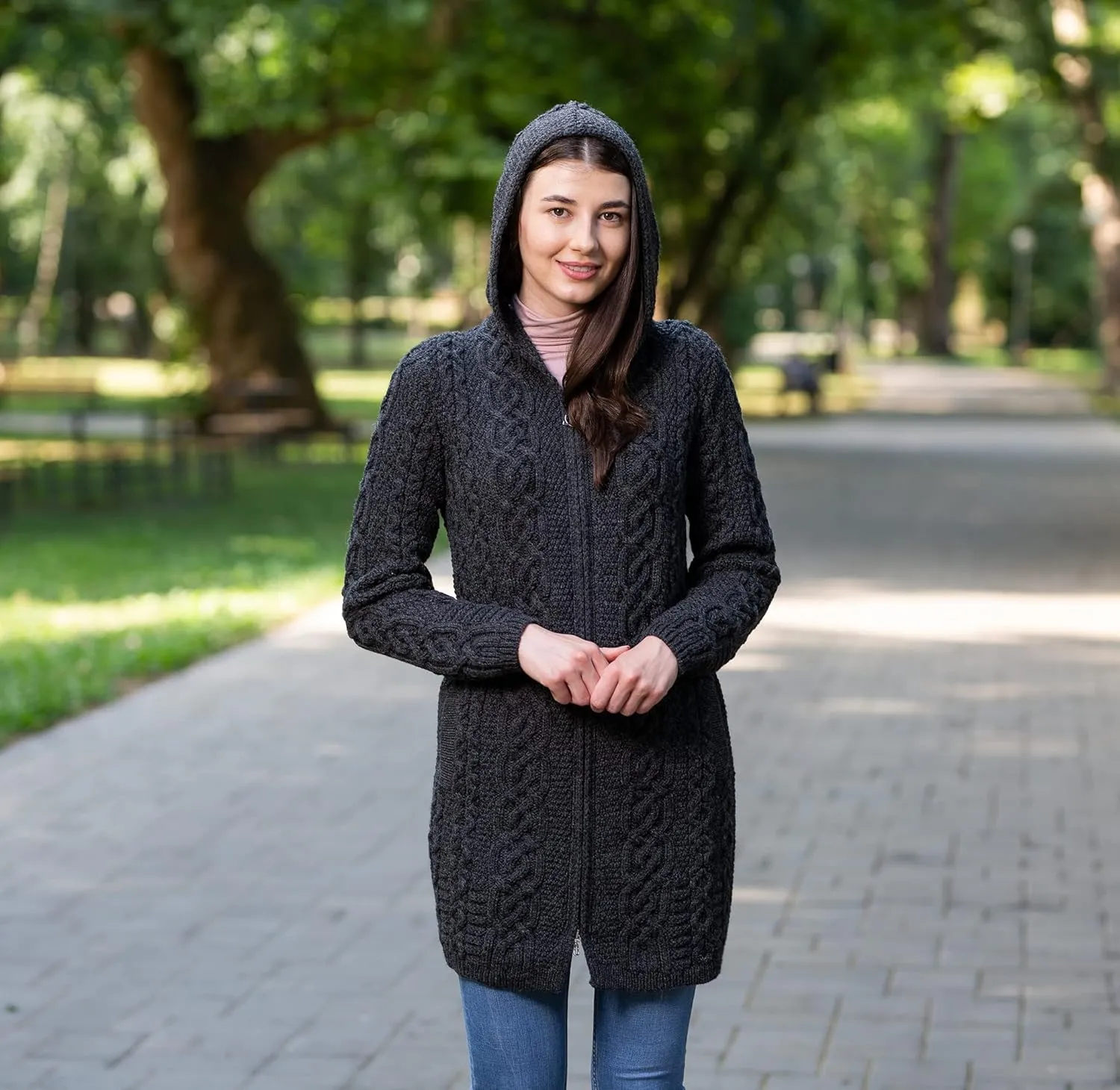 SAOL 100% Merino Wool Aran Irish Cardigan for Women with Pockets, Hood and Celtic Zipper