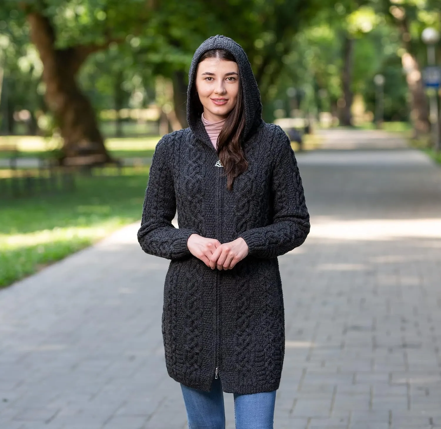 SAOL 100% Merino Wool Aran Irish Cardigan for Women with Pockets, Hood and Celtic Zipper