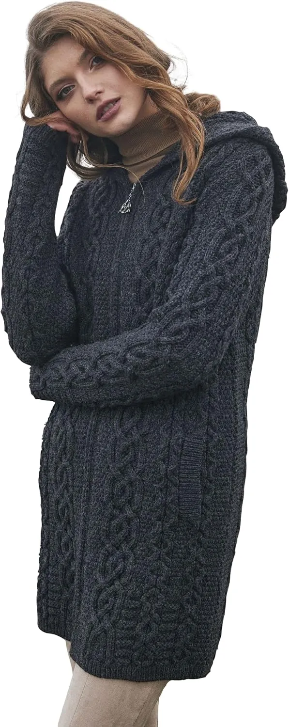 SAOL 100% Merino Wool Aran Irish Cardigan for Women with Pockets, Hood and Celtic Zipper