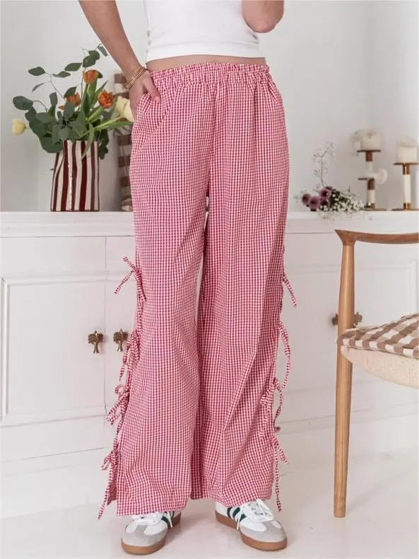 Sastianaen Women Y2K Striped Long Pants with Bow Tie Side Slit Wide Leg Lounge Pants in Gingham Pattern with Pockets