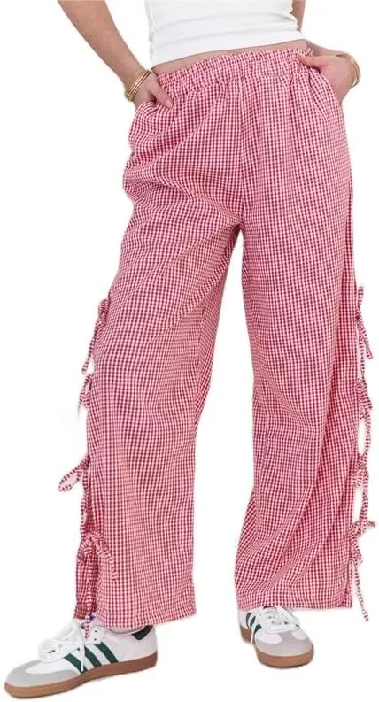 Sastianaen Women Y2K Striped Long Pants with Bow Tie Side Slit Wide Leg Lounge Pants in Gingham Pattern with Pockets