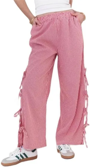 Sastianaen Women Y2K Striped Long Pants with Bow Tie Side Slit Wide Leg Lounge Pants in Gingham Pattern with Pockets