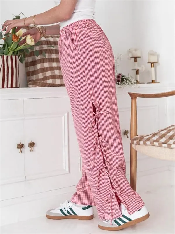 Sastianaen Women Y2K Striped Long Pants with Bow Tie Side Slit Wide Leg Lounge Pants in Gingham Pattern with Pockets