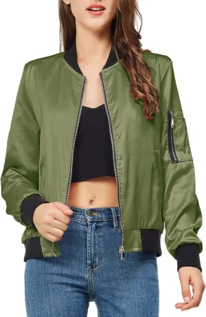 Satin Bomber Jacket Women Casual Fall Varsity Jackets Zip Up Outerwear Windbreaker with Pockets