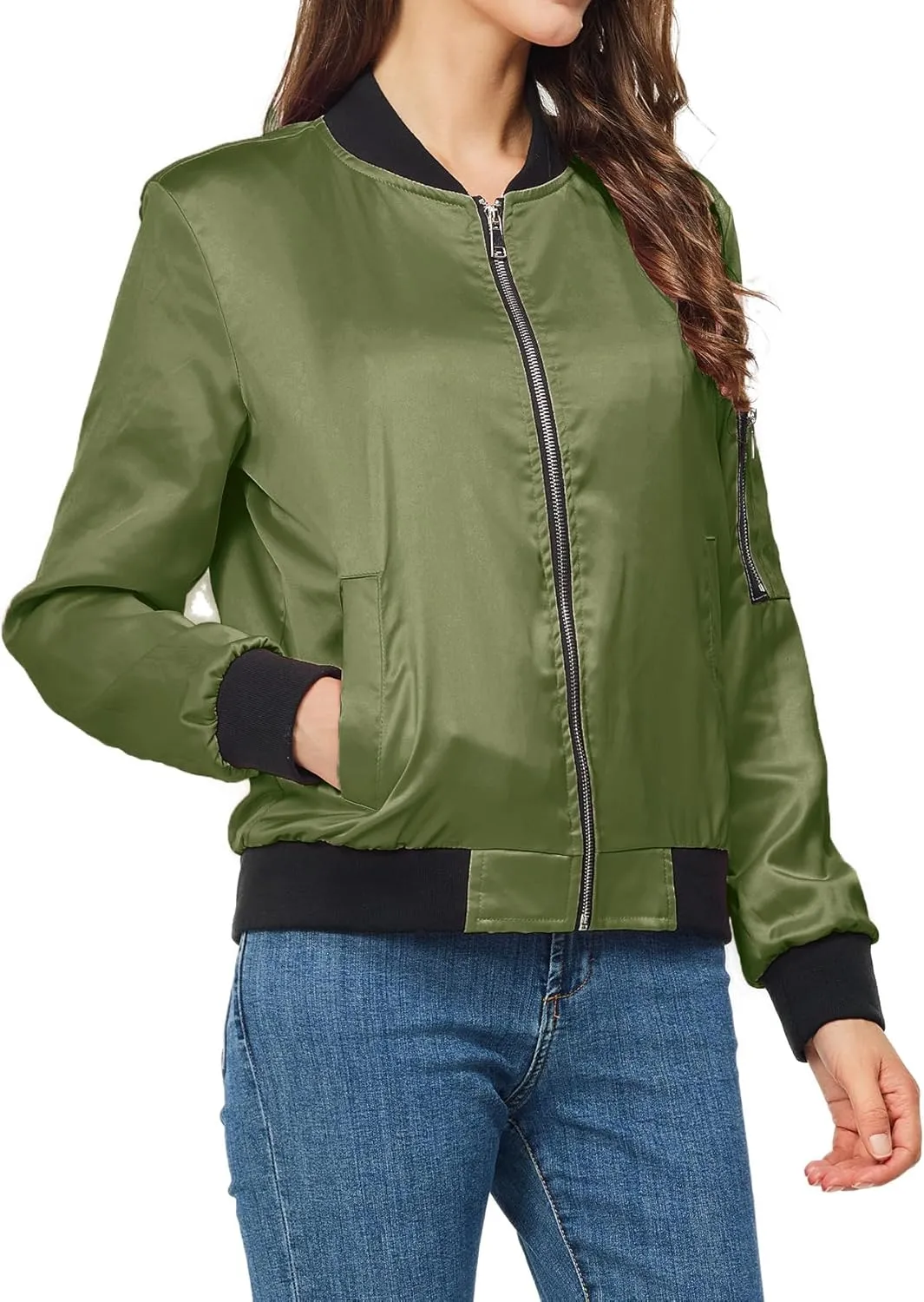 Satin Bomber Jacket Women Casual Fall Varsity Jackets Zip Up Outerwear Windbreaker with Pockets