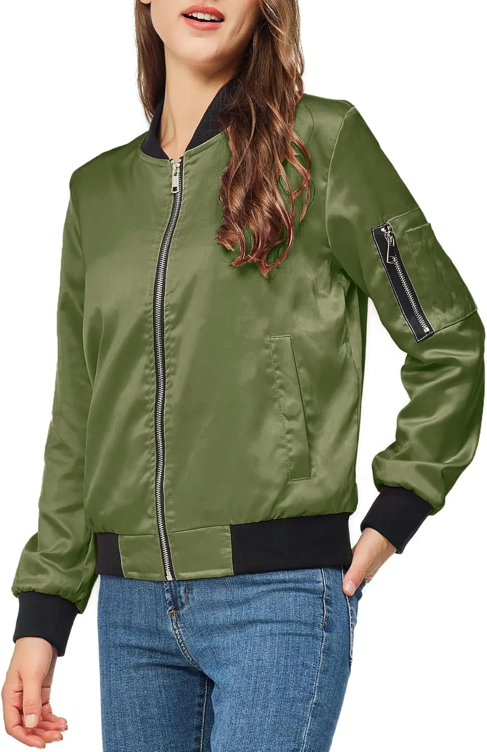 Satin Bomber Jacket Women Casual Fall Varsity Jackets Zip Up Outerwear Windbreaker with Pockets