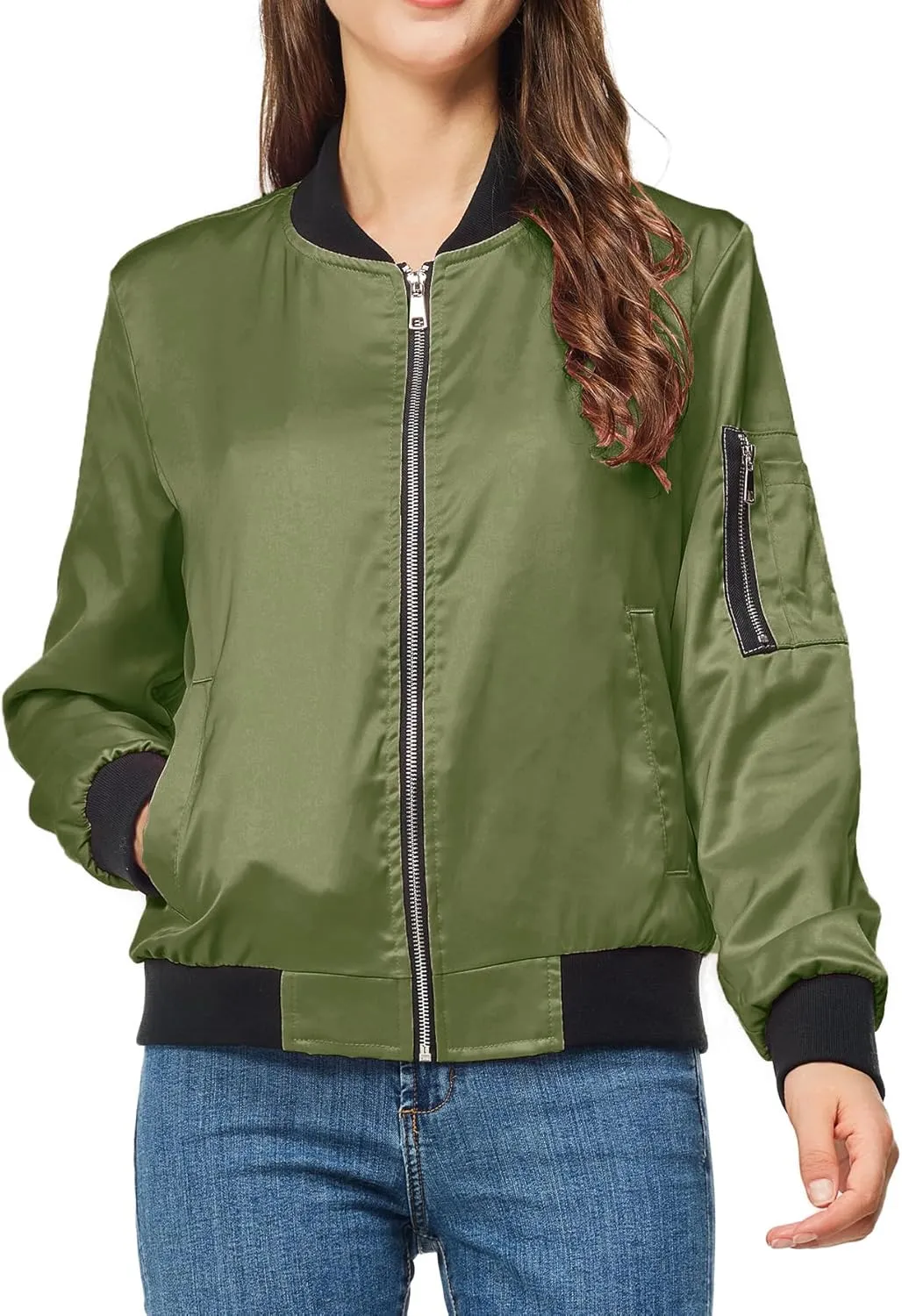 Satin Bomber Jacket Women Casual Fall Varsity Jackets Zip Up Outerwear Windbreaker with Pockets
