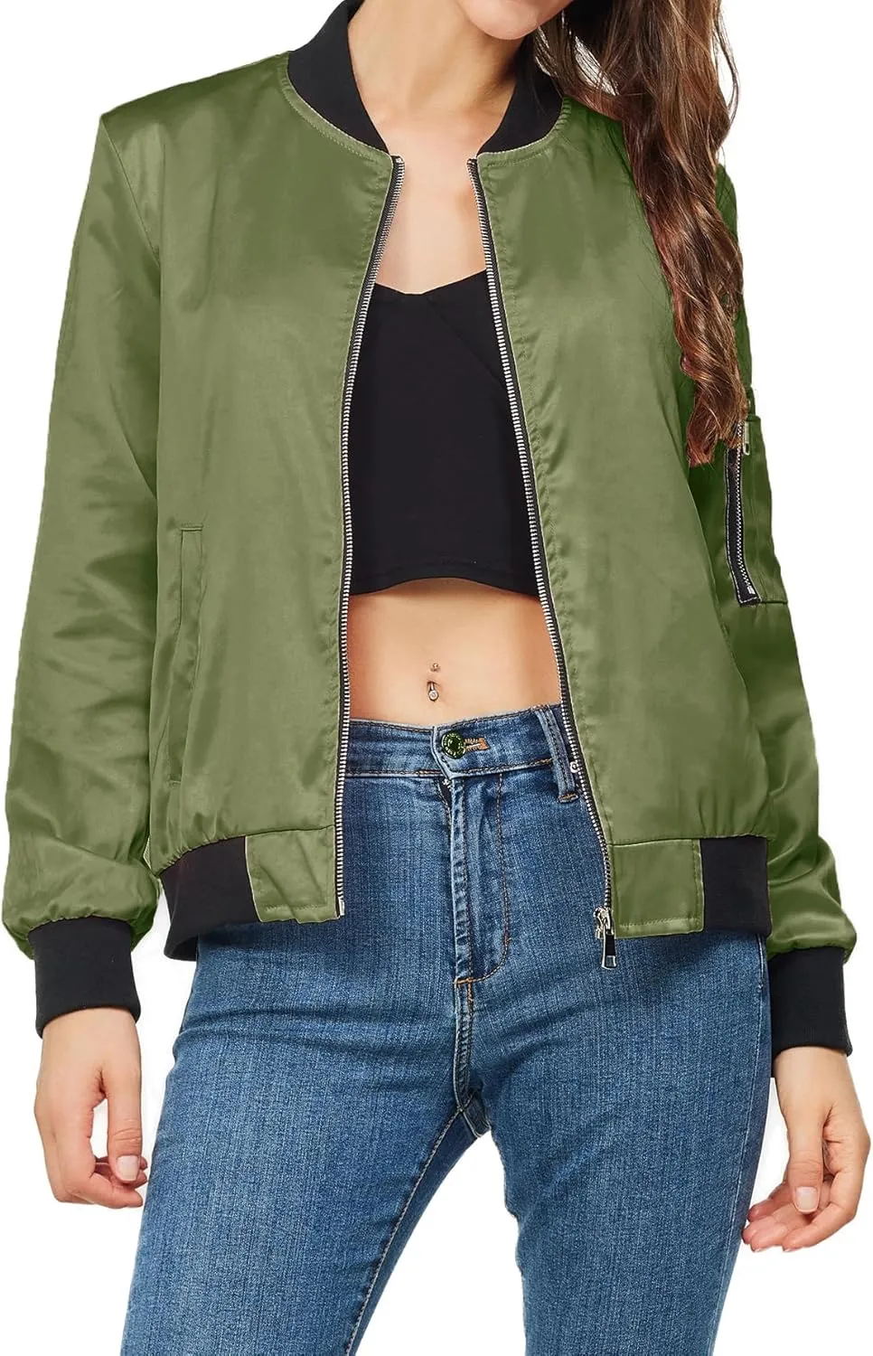 Satin Bomber Jacket Women Casual Fall Varsity Jackets Zip Up Outerwear Windbreaker with Pockets
