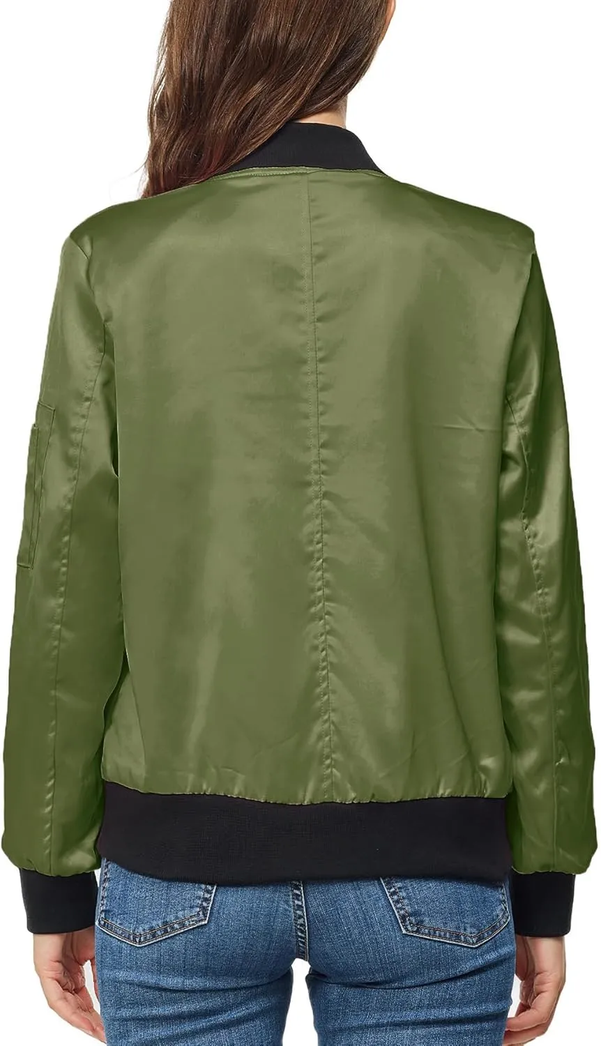 Satin Bomber Jacket Women Casual Fall Varsity Jackets Zip Up Outerwear Windbreaker with Pockets