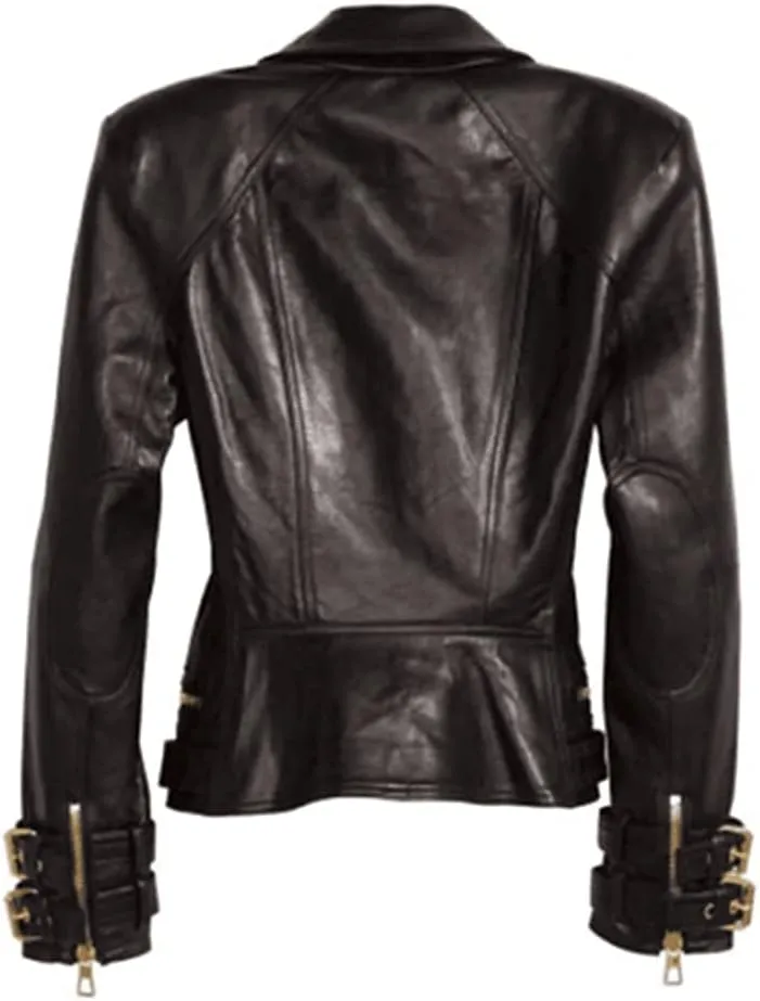 SKY-SELLER Women's Rose Gold Brando Leather Jacket - Ladies Motorcycle Studded Black Biker Jacket