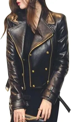 SKY-SELLER Women's Rose Gold Brando Leather Jacket - Ladies Motorcycle Studded Black Biker Jacket