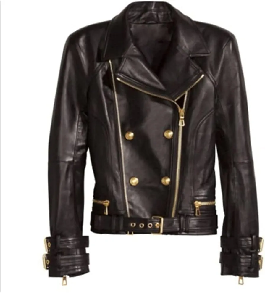 SKY-SELLER Women's Rose Gold Brando Leather Jacket - Ladies Motorcycle Studded Black Biker Jacket