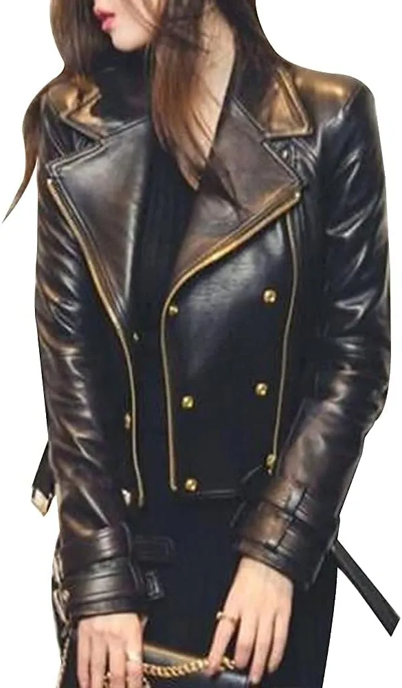 SKY-SELLER Women's Rose Gold Brando Leather Jacket - Ladies Motorcycle Studded Black Biker Jacket