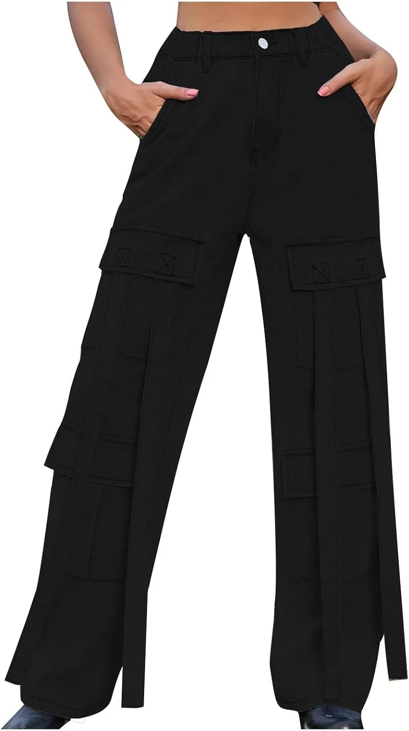 SMIDOW Women's High Waist Straight Leg Jeans Cargo Pants Casual Wide Legged Denim Pants y2k Streetwear Trousers