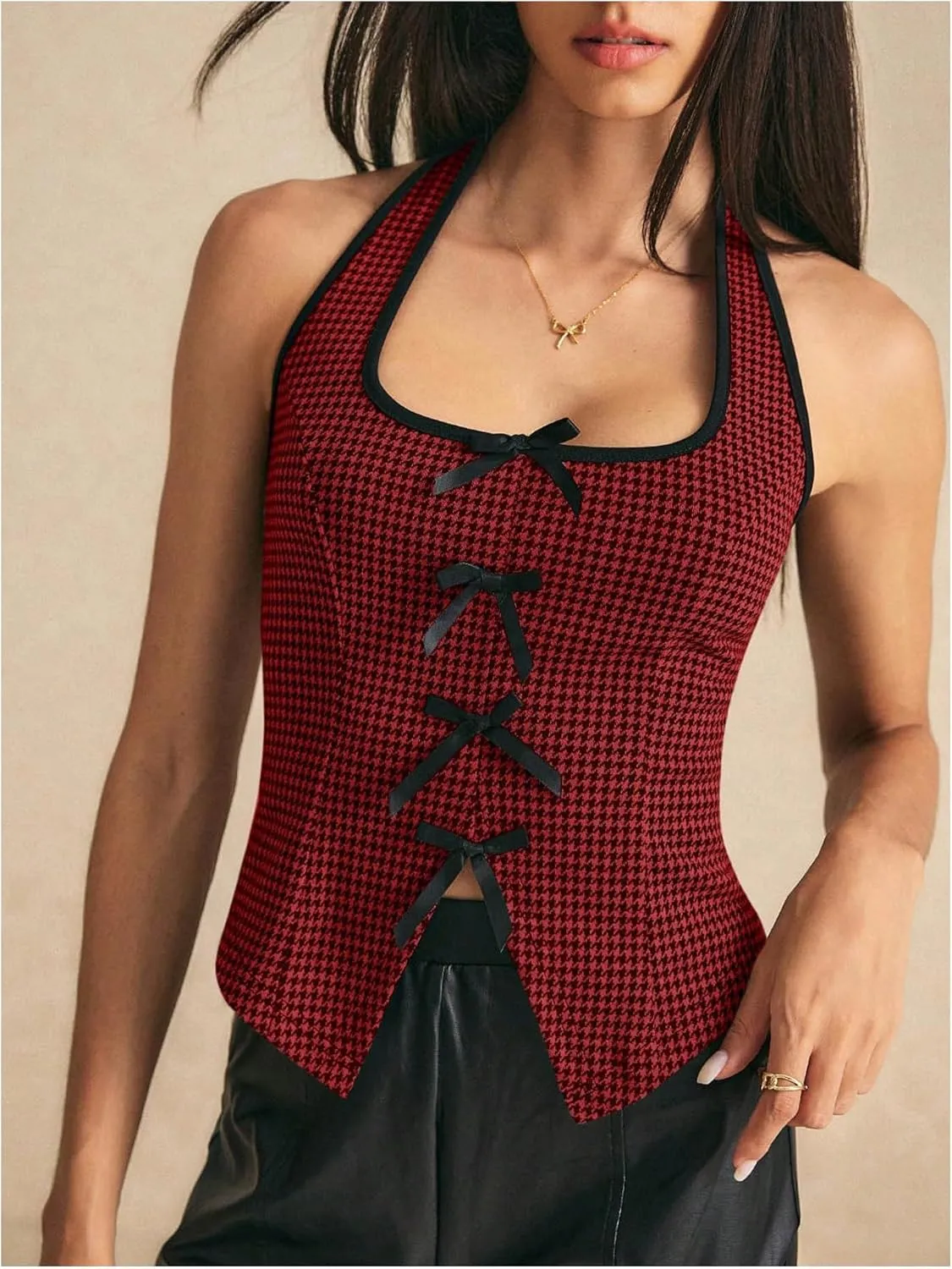 SOLY HUX Women's Y2k Bow Halter Top Plaid Sleeveless Split Hem Backless Tops
