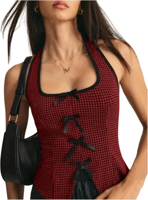 SOLY HUX Women's Y2k Bow Halter Top Plaid Sleeveless Split Hem Backless Tops