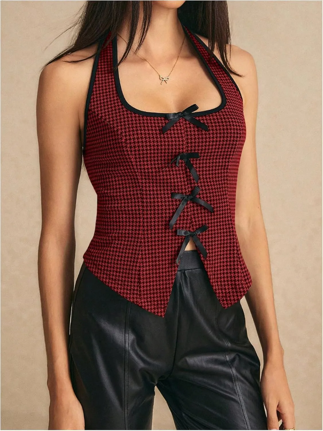 SOLY HUX Women's Y2k Bow Halter Top Plaid Sleeveless Split Hem Backless Tops