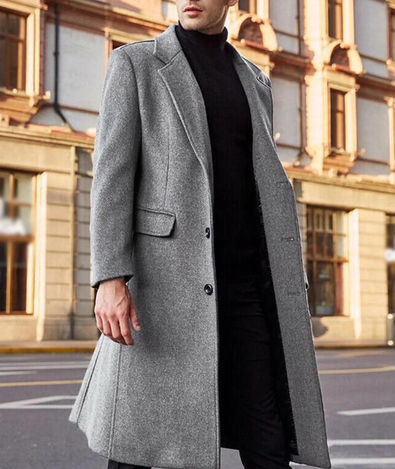 SOMTHRON Men's Casual Trench Coat Slim Fit Notched Collar Long Jacket Overcoat Single Breasted Pea Coat wih Pockets