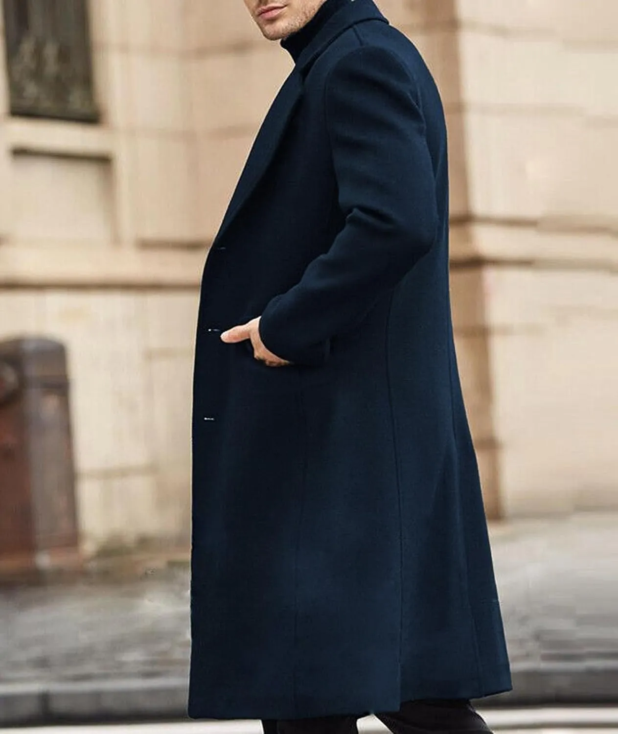 SOMTHRON Men's Casual Trench Coat Slim Fit Notched Collar Long Jacket Overcoat Single Breasted Pea Coat wih Pockets